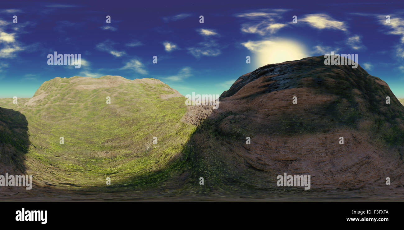 Mappa HDRI, ambiente sferico panorama con sfondo verde delle colline, la sorgente di luce (rendering 3D rendering equirettangolare) Foto Stock