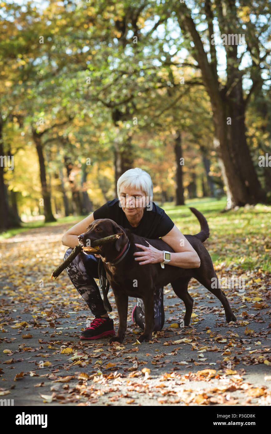 Senior donna accarezzare il suo cane nel parco Foto Stock