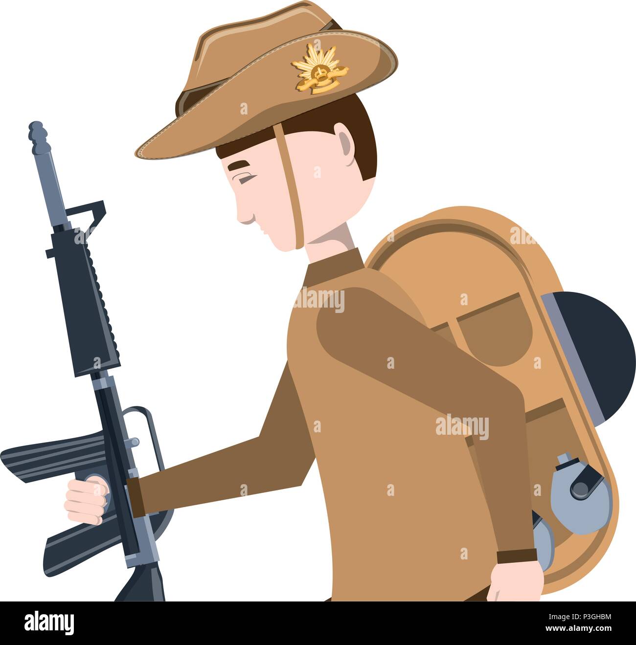 Anzac soldato con le attrezzature e l'arma su sfondo bianco, illustrazione vettoriale Illustrazione Vettoriale