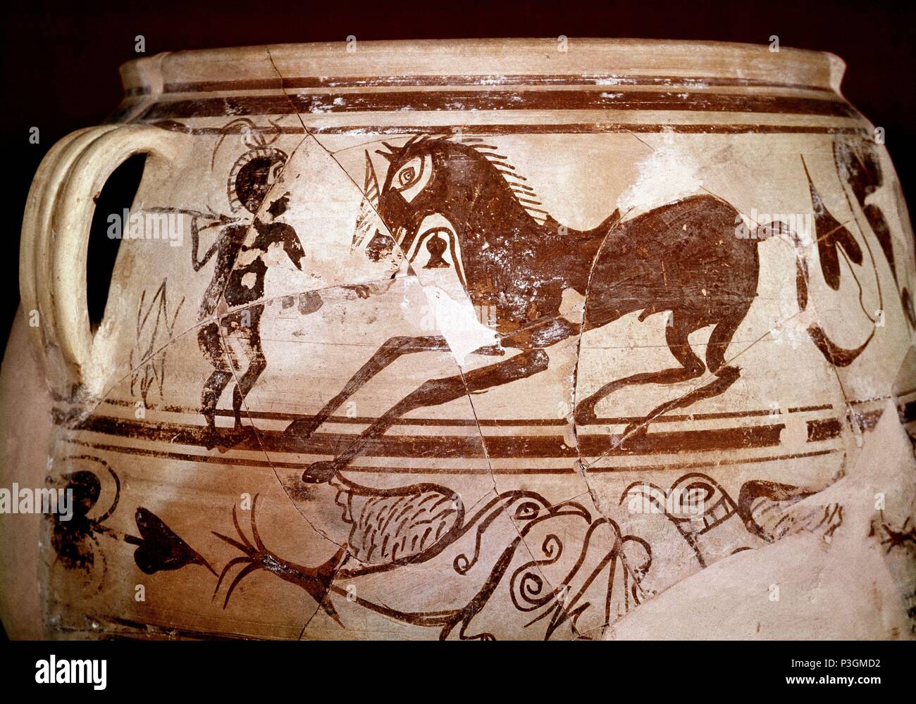 TINAJA IBERICA DE CERAMICA PINTADA CON ESCENAS DE CAZA. Posizione: Museo de Prehistoria y archeologia, Spagna. Foto Stock