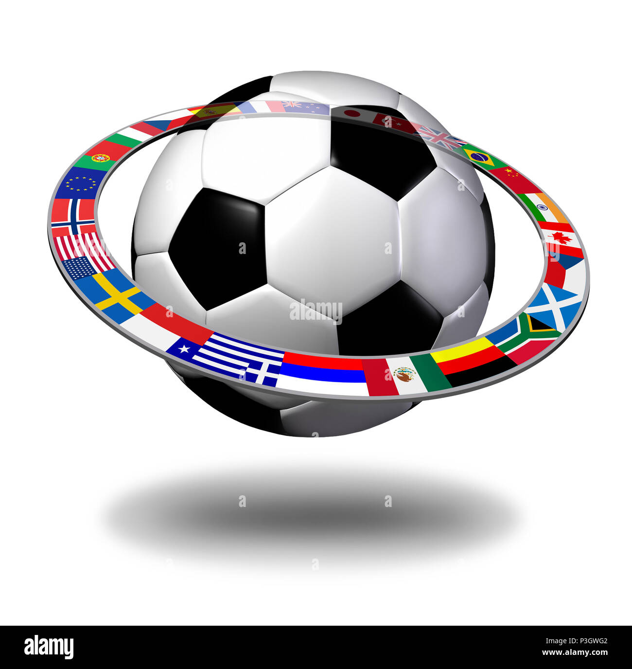 Calcio internazionale concetto come una sfera con un flag globale anello come un mondo competizione sportiva come 3D'illustrazione. Foto Stock