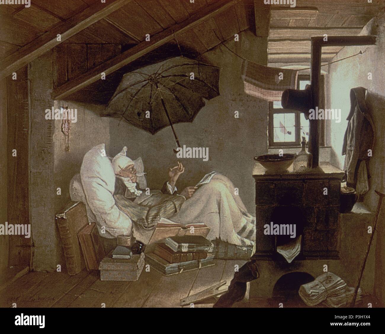 EL POETA POBRE - 1839 - O/L - PINTURA ROMANTICISTA. Autore: Carl Spitzweg (1808-1885). Posizione: Staatliche Museum di Berlino, Germania. Foto Stock