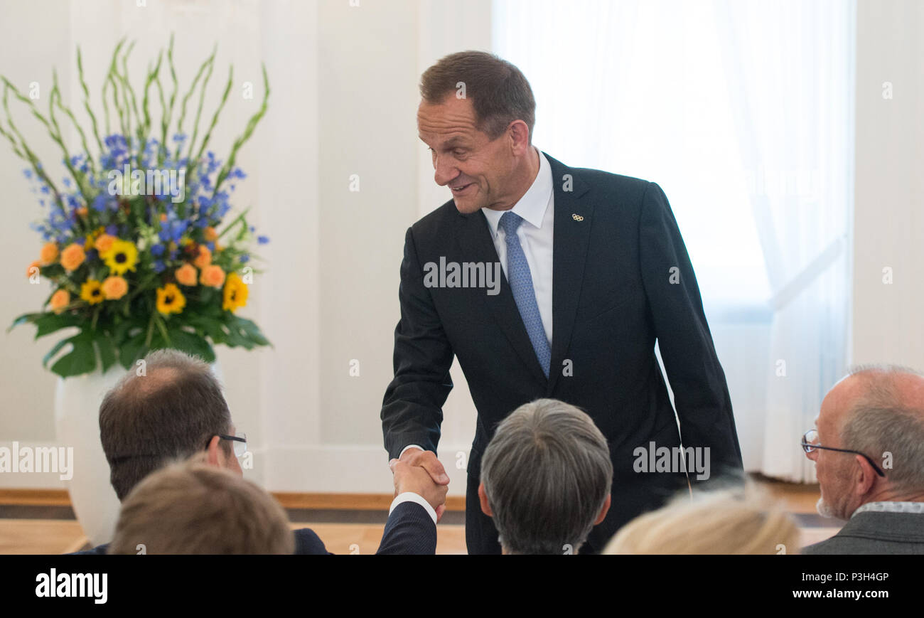 DOSB Presidente Alfons HOERMANN accoglie giornalista sportivo Hajo SEPPELT. Aggiudicati la Silver foglia di alloro e l'ordine di merito da parte del Presidente Federale a Schloss Bellevue di Berlino, Germania su 07.06.2018. | Utilizzo di tutto il mondo Foto Stock