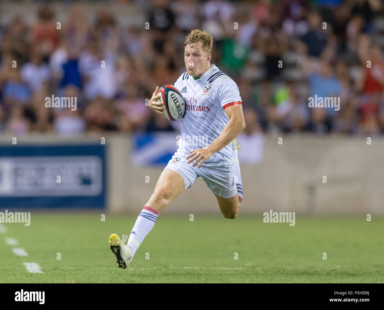 5 maggio 2018: USA gli uomini squadra di Rugby piena indietro si Hooley (15) durante la Emirates serie estate 2018 match tra Stati Uniti Uomini Squadra vs Scozia Uomini Squadra di BBVA Compass Stadium, Houston, Texas . Stati Uniti d'America ha sconfitto la Scozia 30-29 a tempo pieno Foto Stock