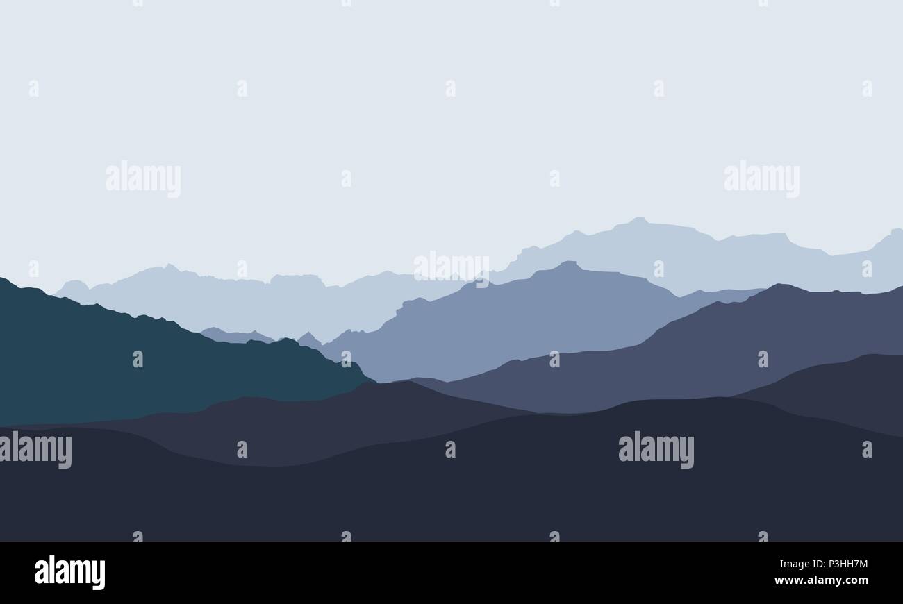 Illustrazione Vettoriale del paesaggio di montagna in strati multipli sotto il cielo blu - vettore Illustrazione Vettoriale
