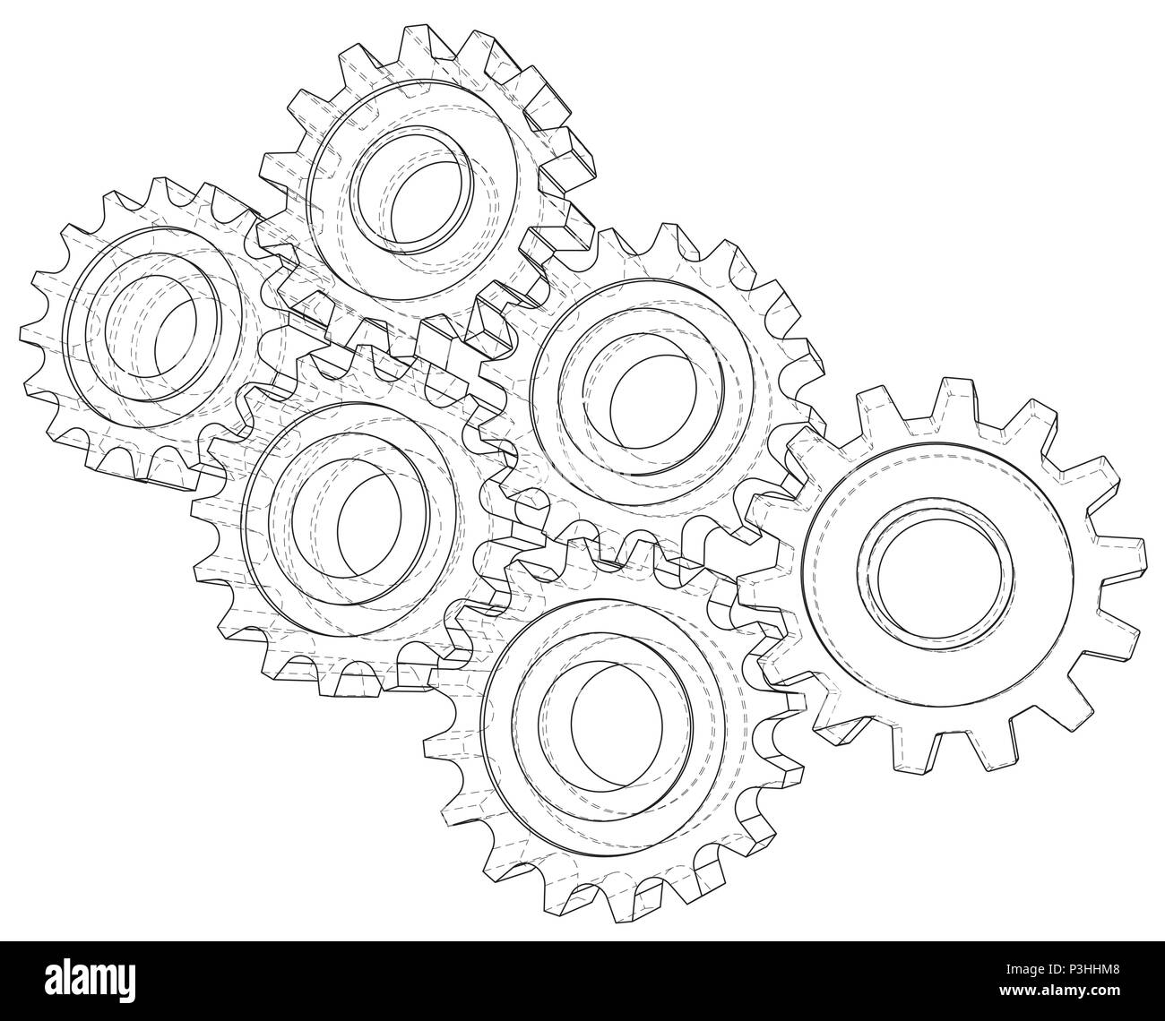 Background design industriale degli ingranaggi. Conceptual 3d filo-cornice immagine. Illustrazione Vettoriale