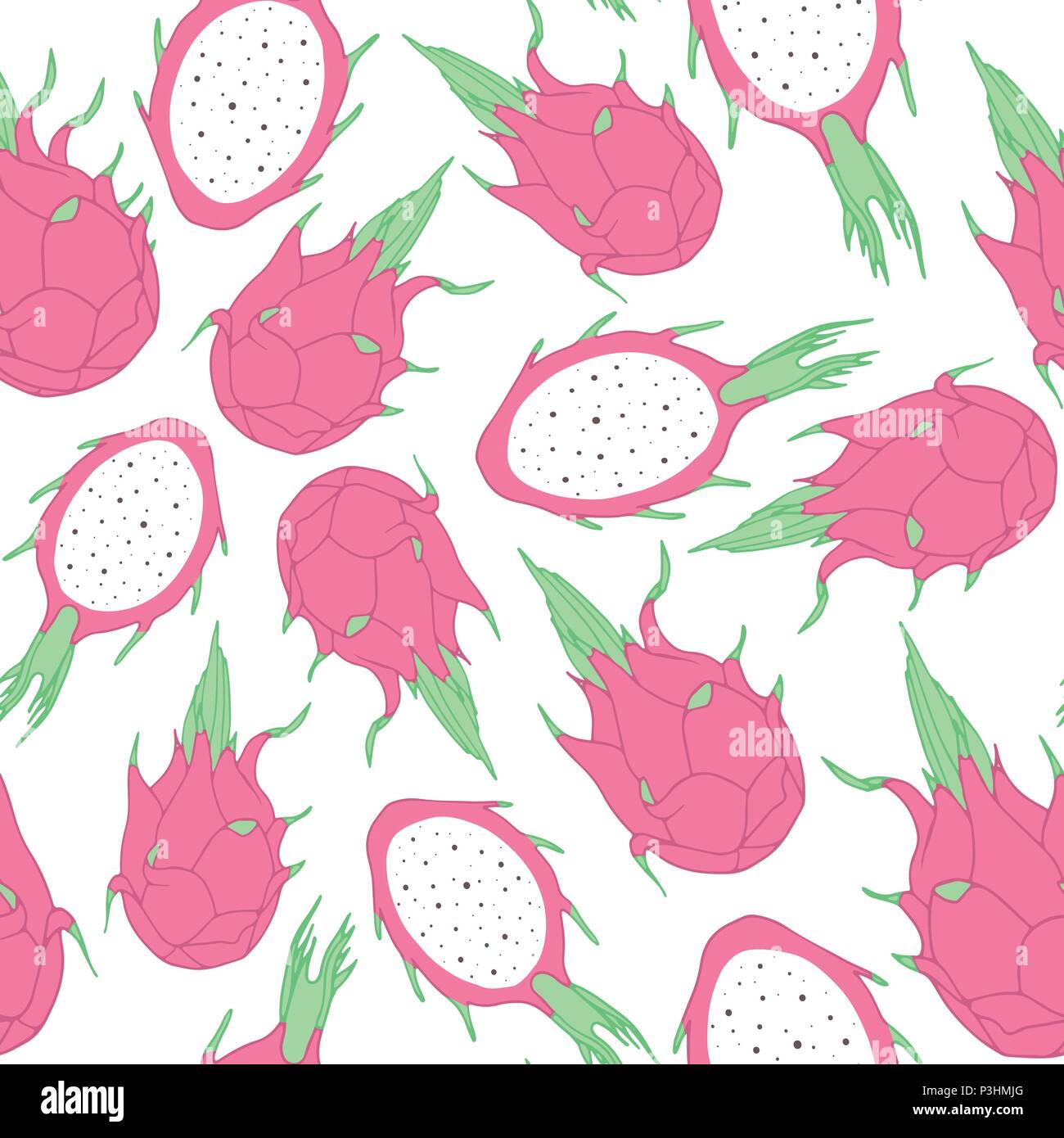 Vector tropical seamless pattern con dragon frutto su uno sfondo bianco. Disegnato a mano pitahaya esotici. Illustrazione Vettoriale