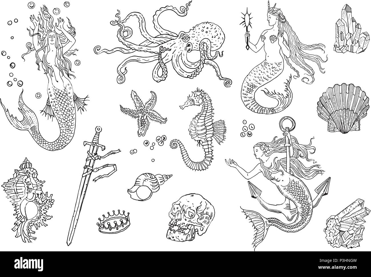 Vintage fantasia set nautico: capelli lunghi mermaid, Tesori sottomarini, polpi, shell, stelle marine, ancoraggio annegato spada, crown, teschio di cristallo, cavallo di mare. Disegnata a mano in stile tatuaggio illustrazione vettoriale. Illustrazione Vettoriale