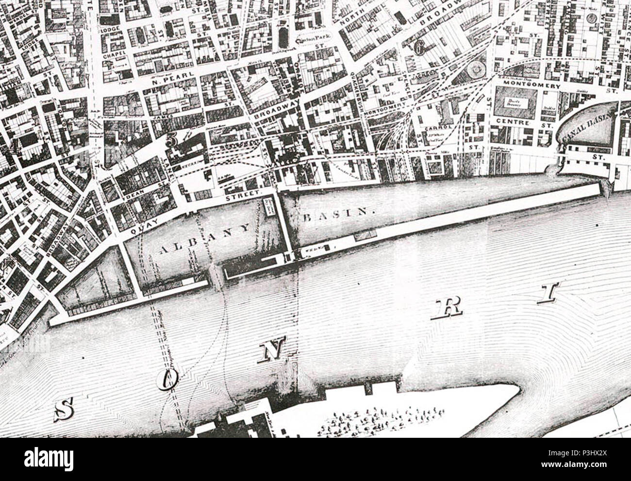 . Inglese: Mappa di Albany, New York, Stati Uniti evidenziando il bacino di Albany. 27 giugno 2010, 23:39 (UTC). 1857 Mappa di Albany Edit.jpeg: E. Giacobbe, C.E. lavoro derivato: upstateNYer 1 Albany Basin 1857 Foto Stock
