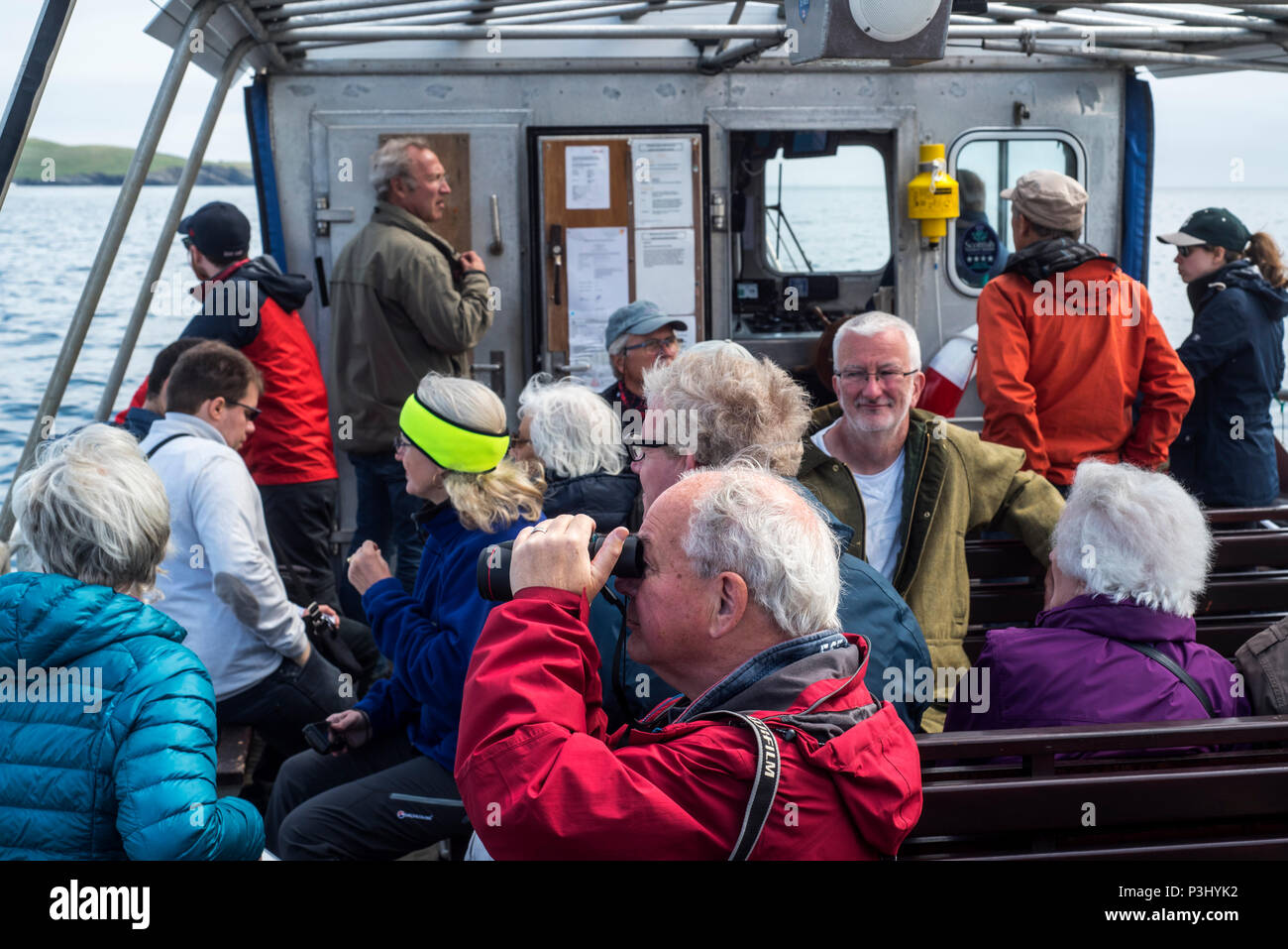 Anziani i turisti a bordo del passeggero aperto ferry boat Solan IV da Leebitton di Mousa la visione di uccelli marini, isole Shetland, Scotland, Regno Unito Foto Stock