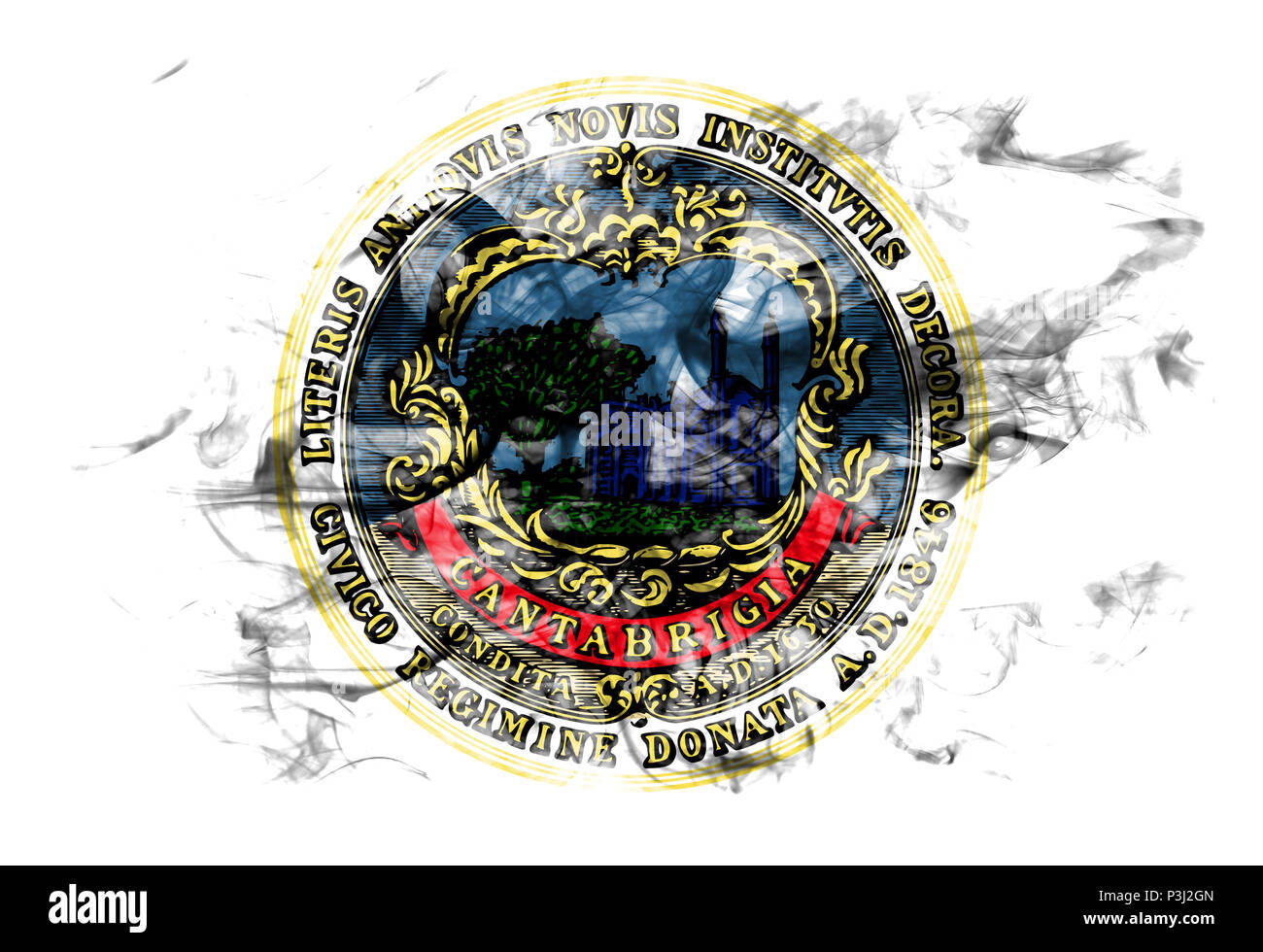 La città di Cambridge fumo, bandiera dello Stato del Massachusetts, Stati Uniti d'America Foto Stock