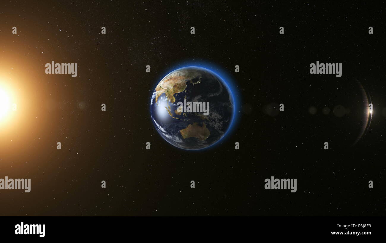 Vista dallo spazio sul pianeta terra e sole stella rotante sul suo asse in nero universo. Seamless loop con il giorno e la notte le luci della città cambia. Astronomia e concetto di scienza. Elementi di immagine fornita dalla NASA Foto Stock