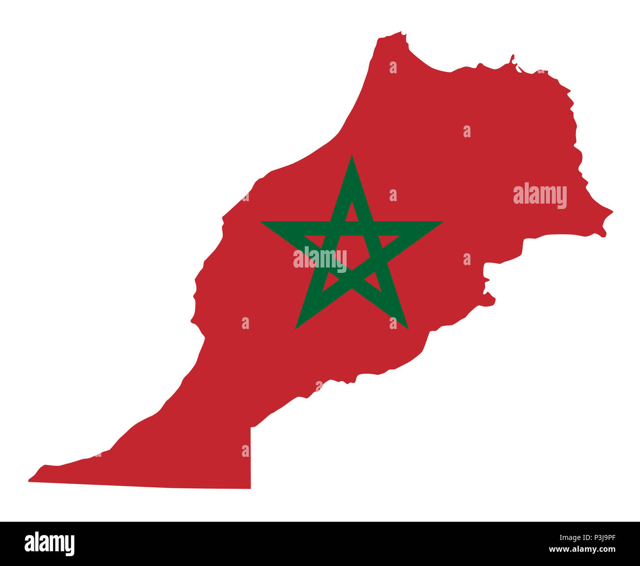 Bandiera nazionale del Marocco nel paese silhouette. Stato marocchino ensign. Campo rosso e verde pentacolo. Stato sovrano nella regione del Maghreb. Foto Stock