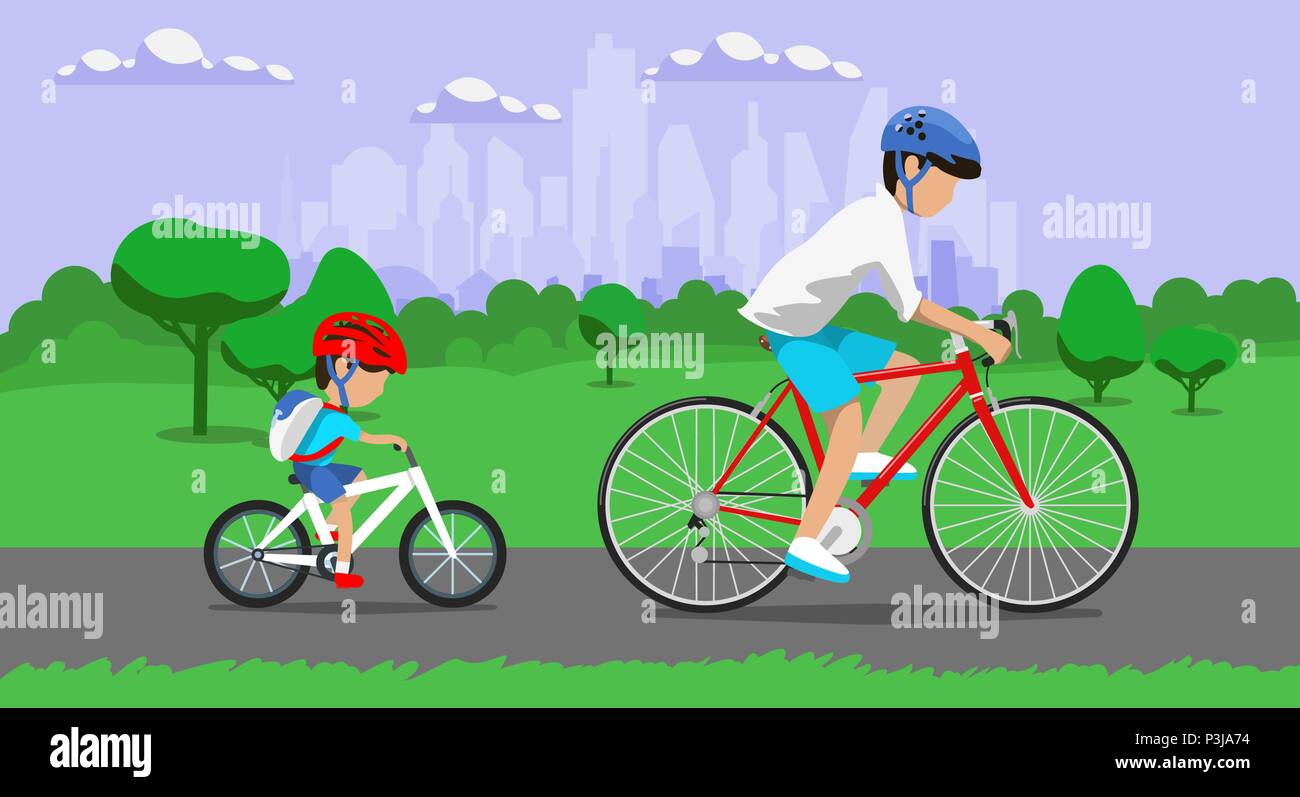 Padre e figlio a cavallo bike nel parco comunale. Illustrazione Vettoriale Illustrazione Vettoriale