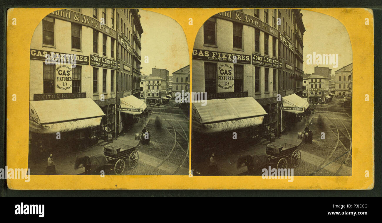 . Vista del Dock Square con la costruzione di edifici commerciali, piste di trolley e passeggini. Copertura: 1859?-1901?. Fonte impronta: 1859?-1901?. Elemento digitale pubblicata 7-18-2005; aggiornato 2-13-2009. 367 vista della strada non identificato con la costruzione di edifici commerciali, piste di trolley e passeggini, da Robert N. Dennis raccolta di vista stereoscopica Foto Stock
