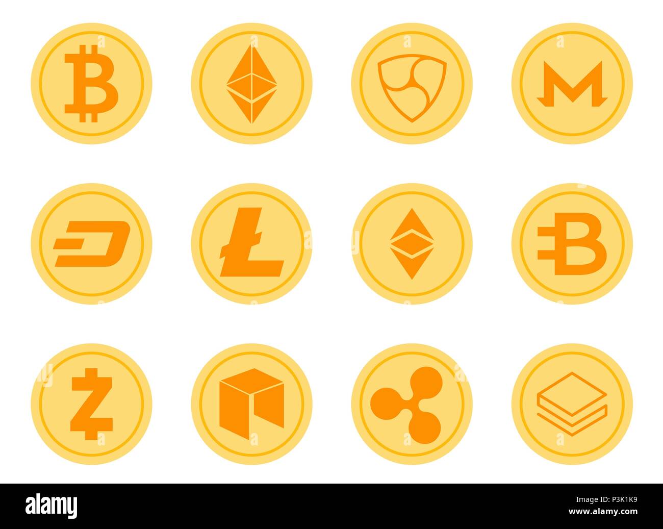 Crypto monete icone vettoriali Set. Logo Cryptocurrency Set - Bitcoin,  Litecoin, Ethereum, Ethereum Classic, Monero, Ripple, Zcash Dash, Stratis,  Bytecoin Immagine e Vettoriale - Alamy
