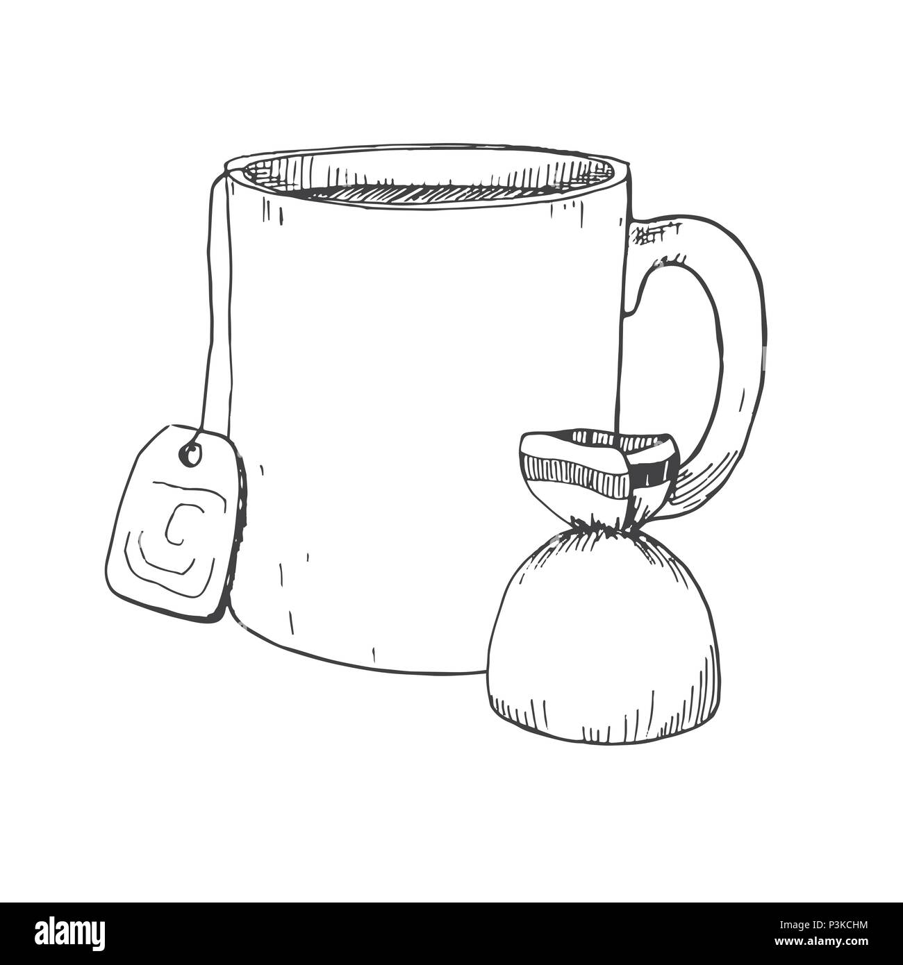 Disegnata a mano mug e caramelle. Illustrazione Vettoriale nel disegno stile. Illustrazione Vettoriale