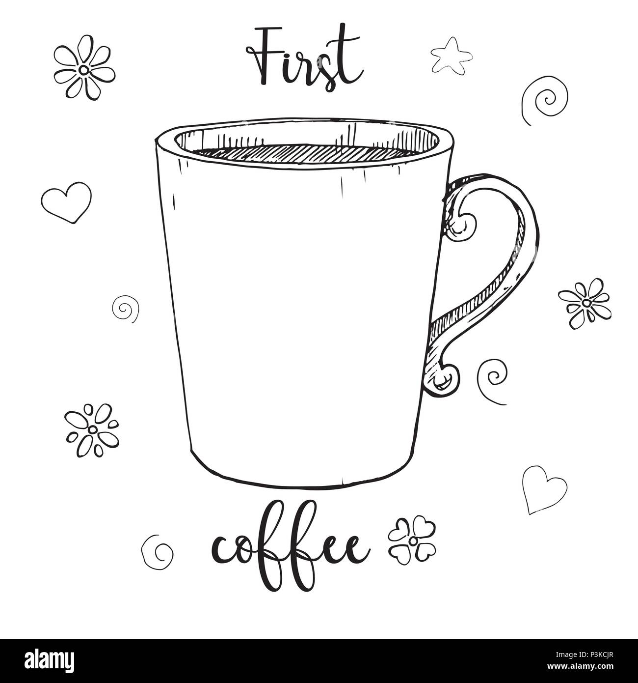 Disegnata a mano tazza di vetro. Testo primo caffè. Illustrazione Vettoriale nel disegno stile. Illustrazione Vettoriale