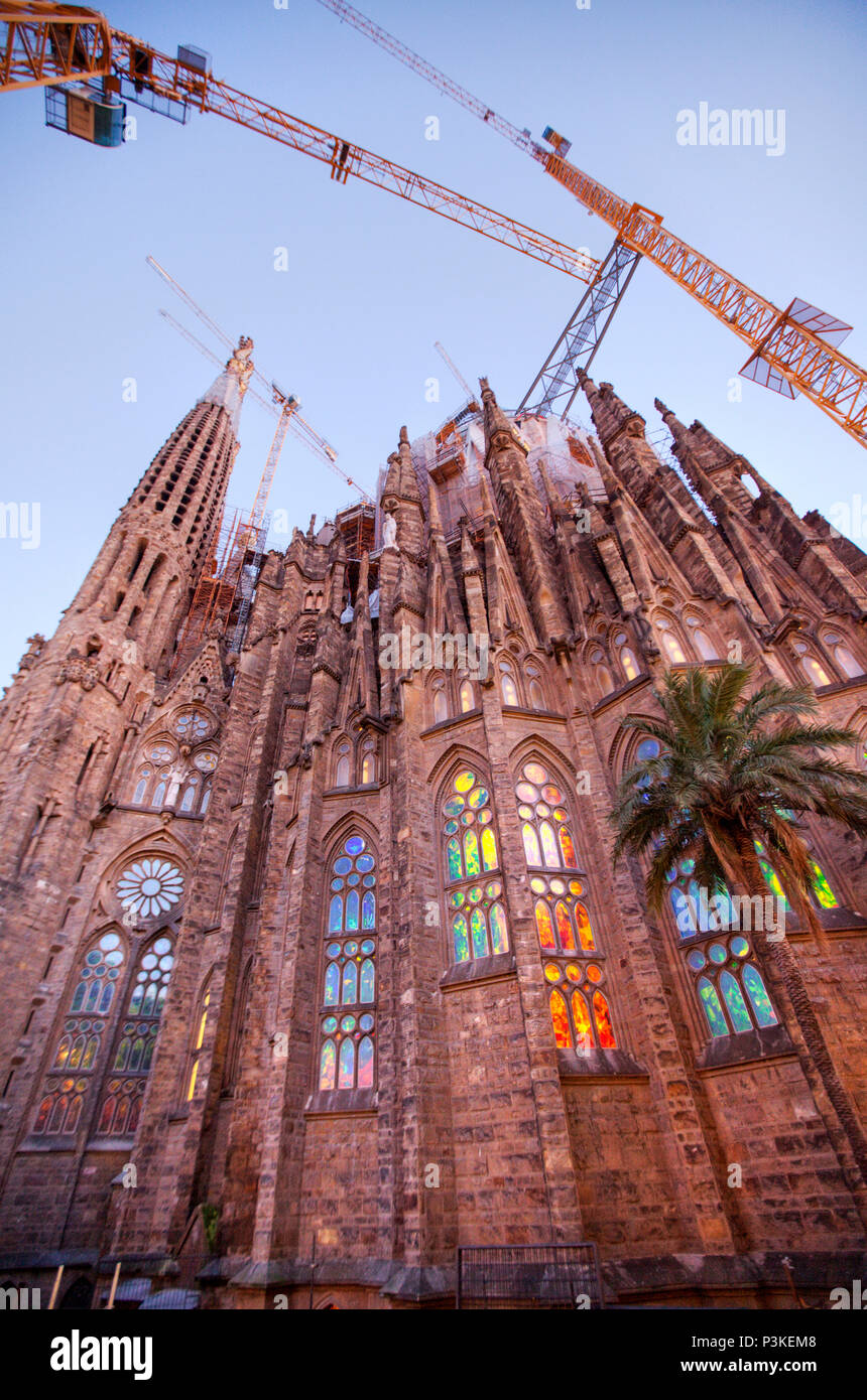 Basso angolo di visione della Basilica i Temple Expiatori de la Sagrada Familia di Barcellona, in Catalogna, Spagna Foto Stock