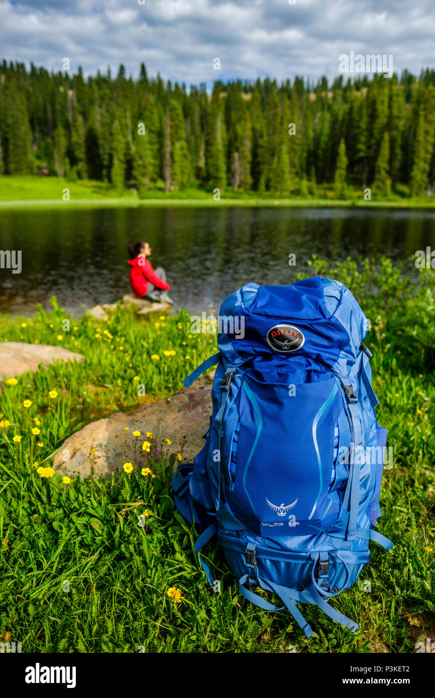 Backpacker in appoggio sul lungolago, Bolam Pass, Colorado Trail, Colorado, STATI UNITI D'AMERICA Foto Stock