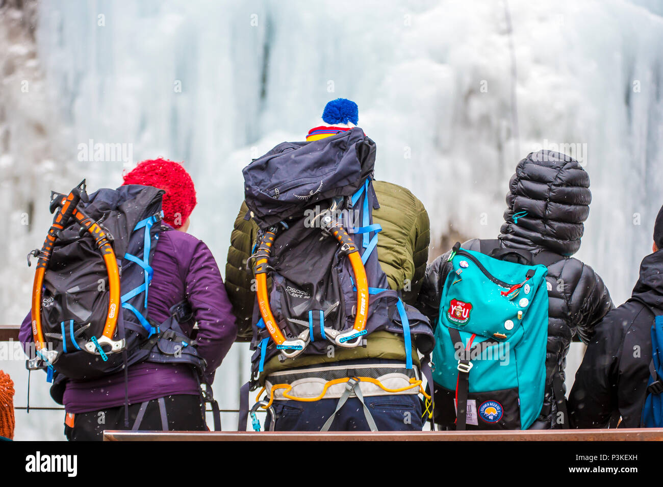 Gli scalatori agli spettatori di arrampicata su ghiaccio festival, Colorado, STATI UNITI D'AMERICA Foto Stock