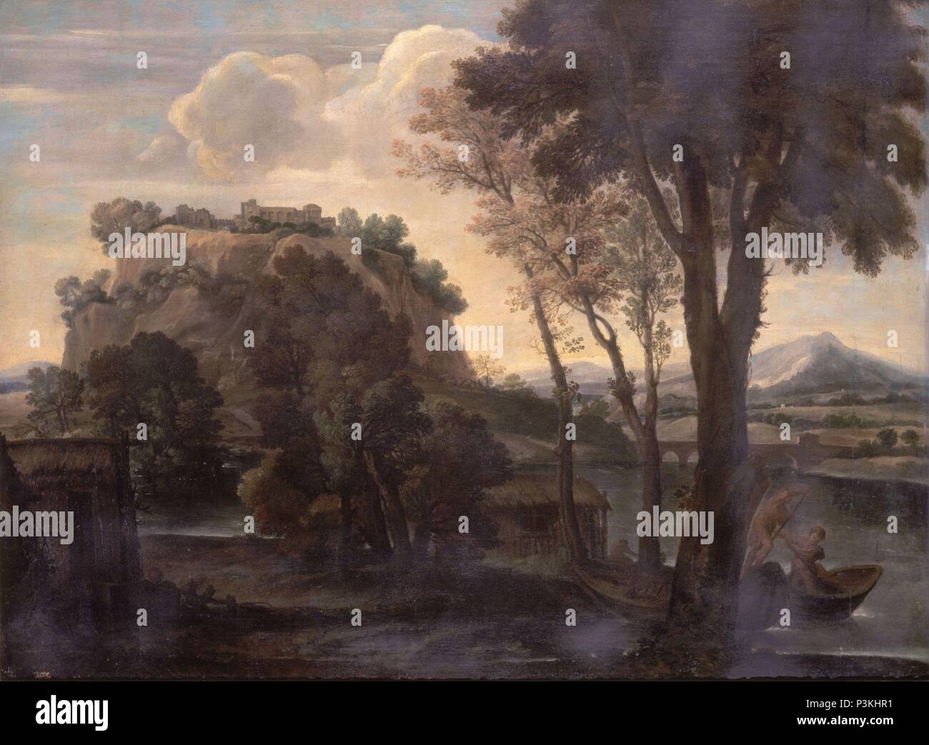 PAISAJE CON RIO Y BARCAS - siglo XVII - OLEO/LIENZO - 112 x 149 cm - NP 81 - BARROCO ITALIANO. Autore: Gian Francesco Grimaldi (1606-1680). Posizione: Il MUSEO DEL PRADO-PINTURA, MADRID, Spagna. Foto Stock