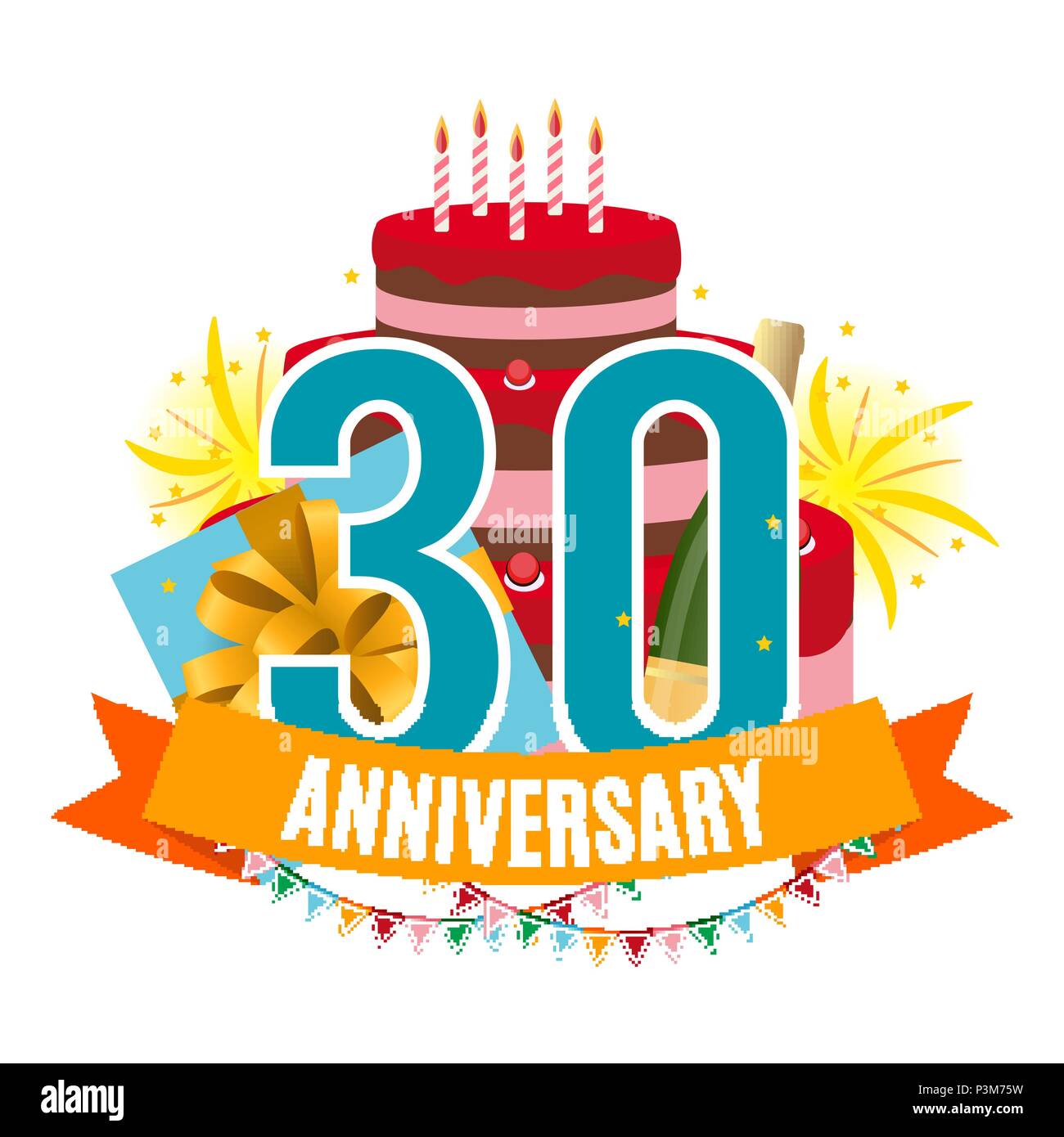 Modello 30 anni di anniversario congratulazioni, biglietto di auguri con torta, confezione regalo, fuochi d'artificio e invito a nastro illustrazione vettoriale EPS10 Illustrazione Vettoriale