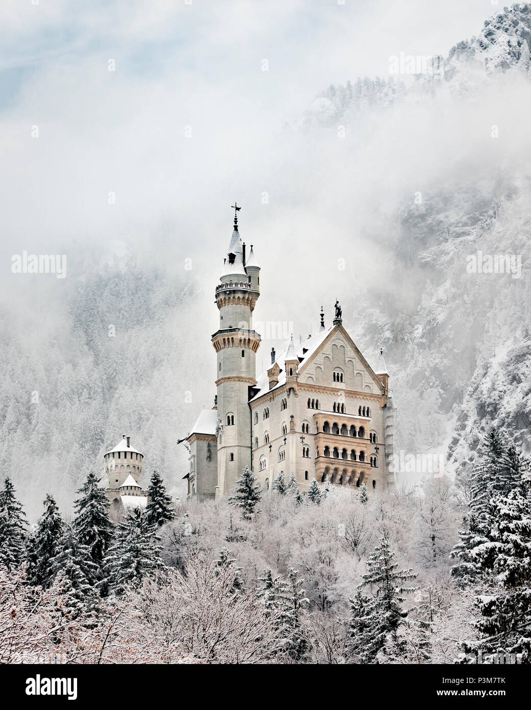 Il Castello di Neuschwanstein sotto la neve, Schwangau, Baviera, Germania Foto Stock