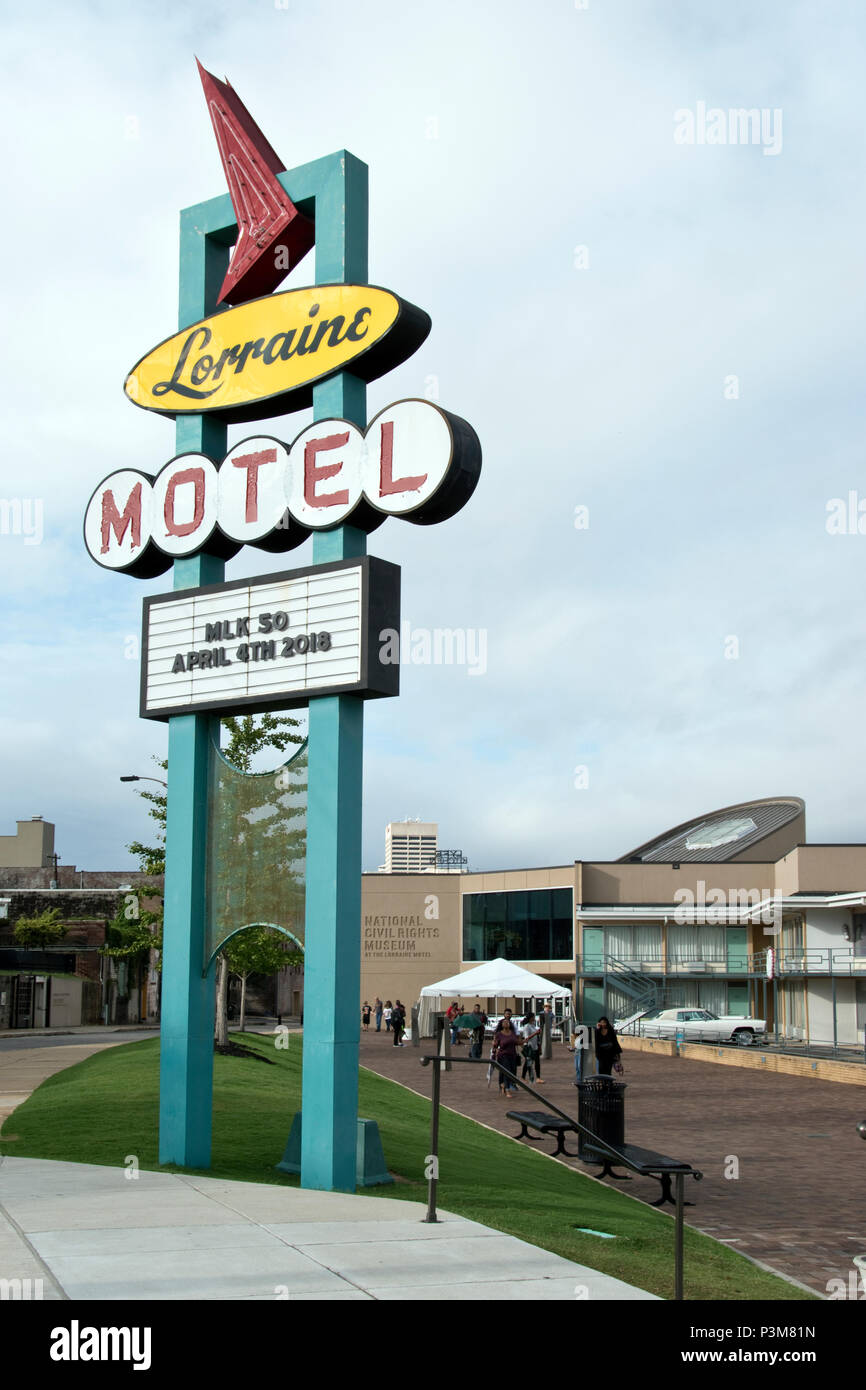 Segno della ex Lorraine Motel, dove Martin Luther King fu assassinato nel 1968, ora il National Civil Rights Museum, Memphis, Tennessee. Foto Stock