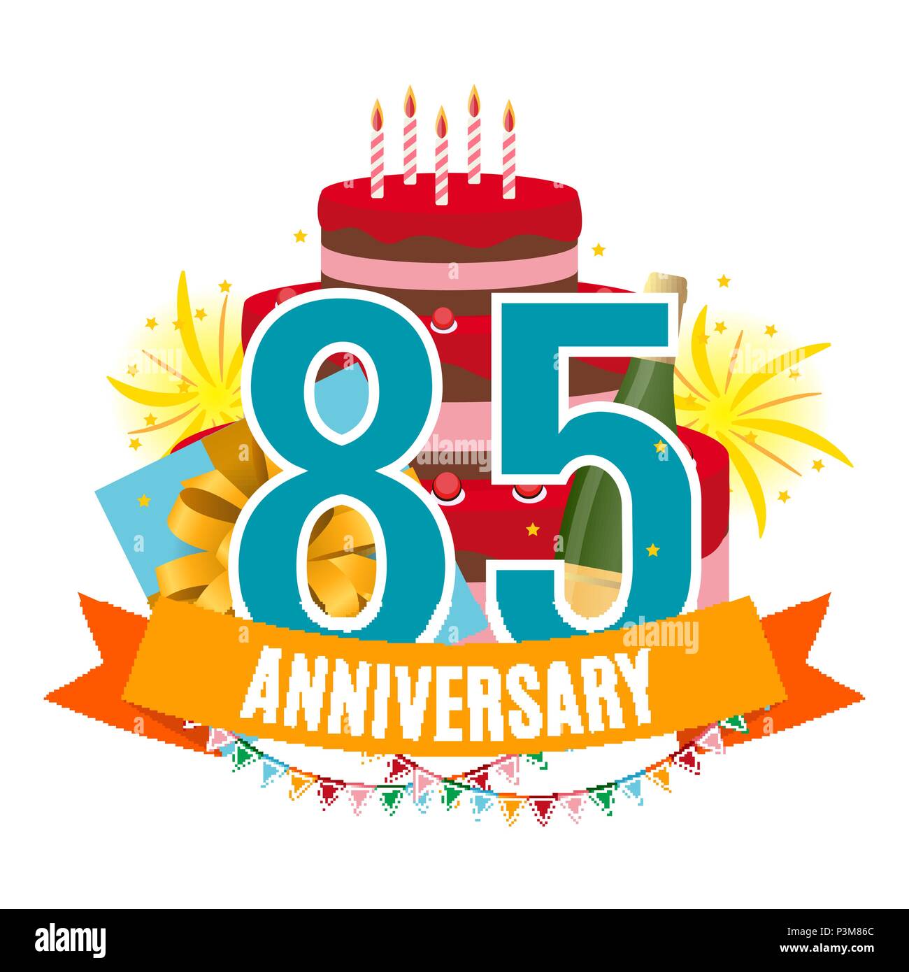Modello 85 anni di anniversario congratulazioni, biglietto di auguri con  torta, confezione regalo, fuochi d'artificio e invito a nastro  illustrazione vettoriale EPS10 Immagine e Vettoriale - Alamy