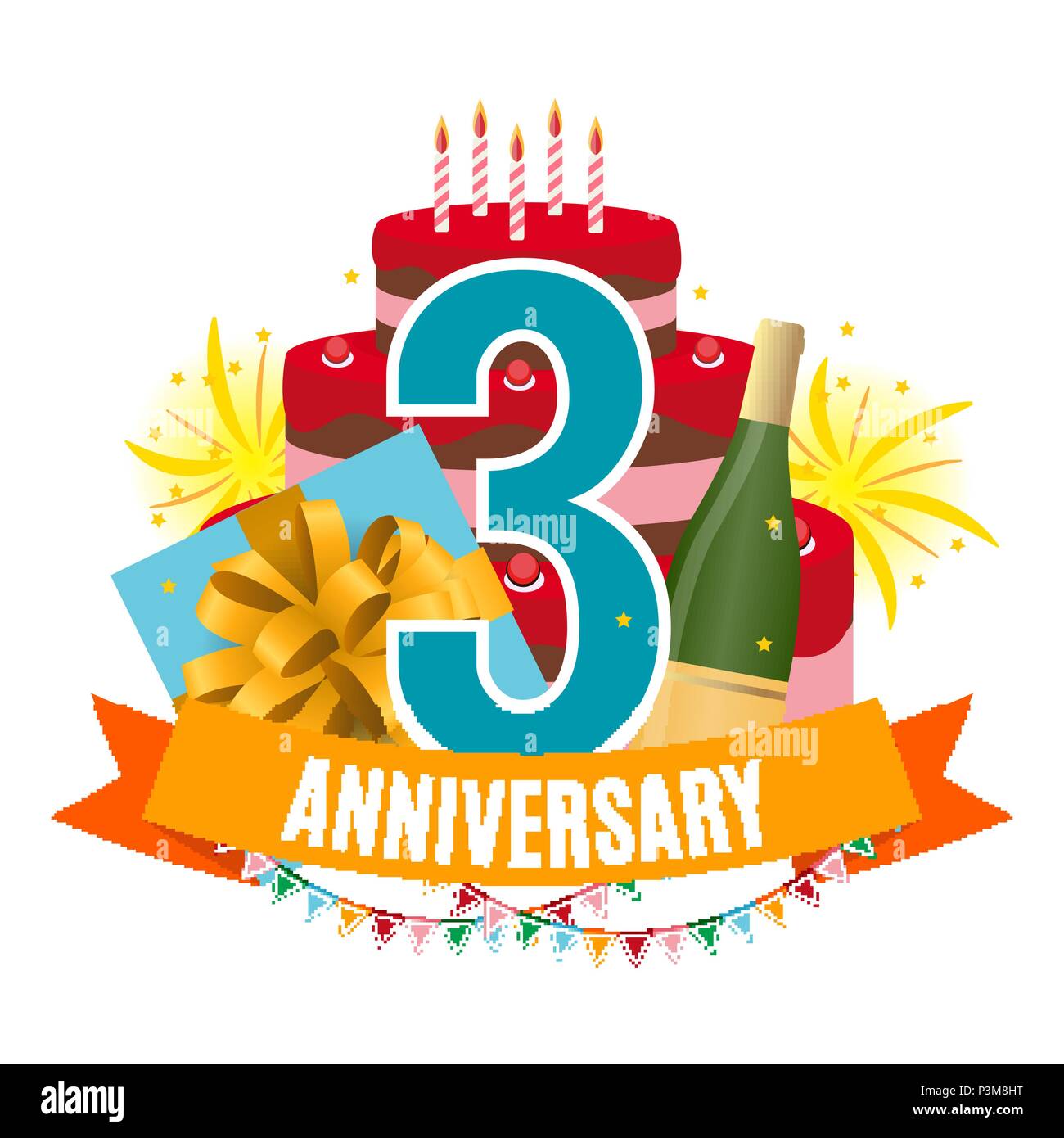 Il modello 3 anni di anniversario congratulazioni, biglietto di auguri con torta, confezione regalo, fuochi d'artificio e invito a nastro illustrazione vettoriale EPS10 Illustrazione Vettoriale