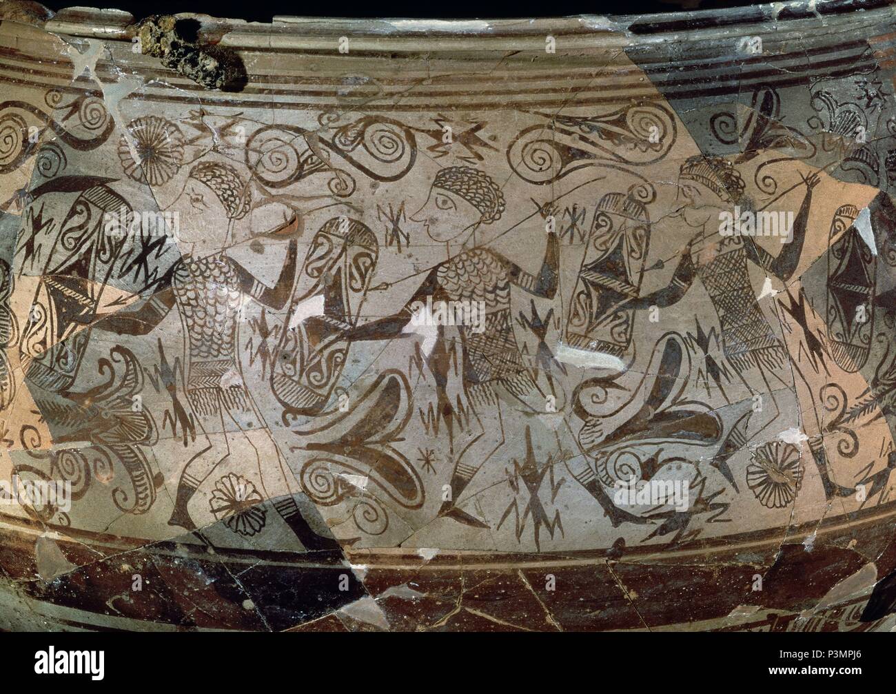 VASO DE LOS GUERREROS - POBLADO DE SAN MIGUEL - LIRIA - DETALLE DE LOS GUERREROS - (CONJ 108208) - iberico. Posizione: Museo de Prehistoria y archeologia, Spagna. Foto Stock