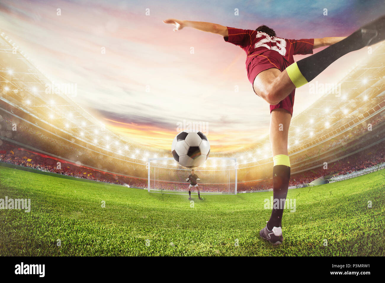 Soccer scontrino colpisce la palla con un acrobatico kick. Il rendering 3D Foto Stock