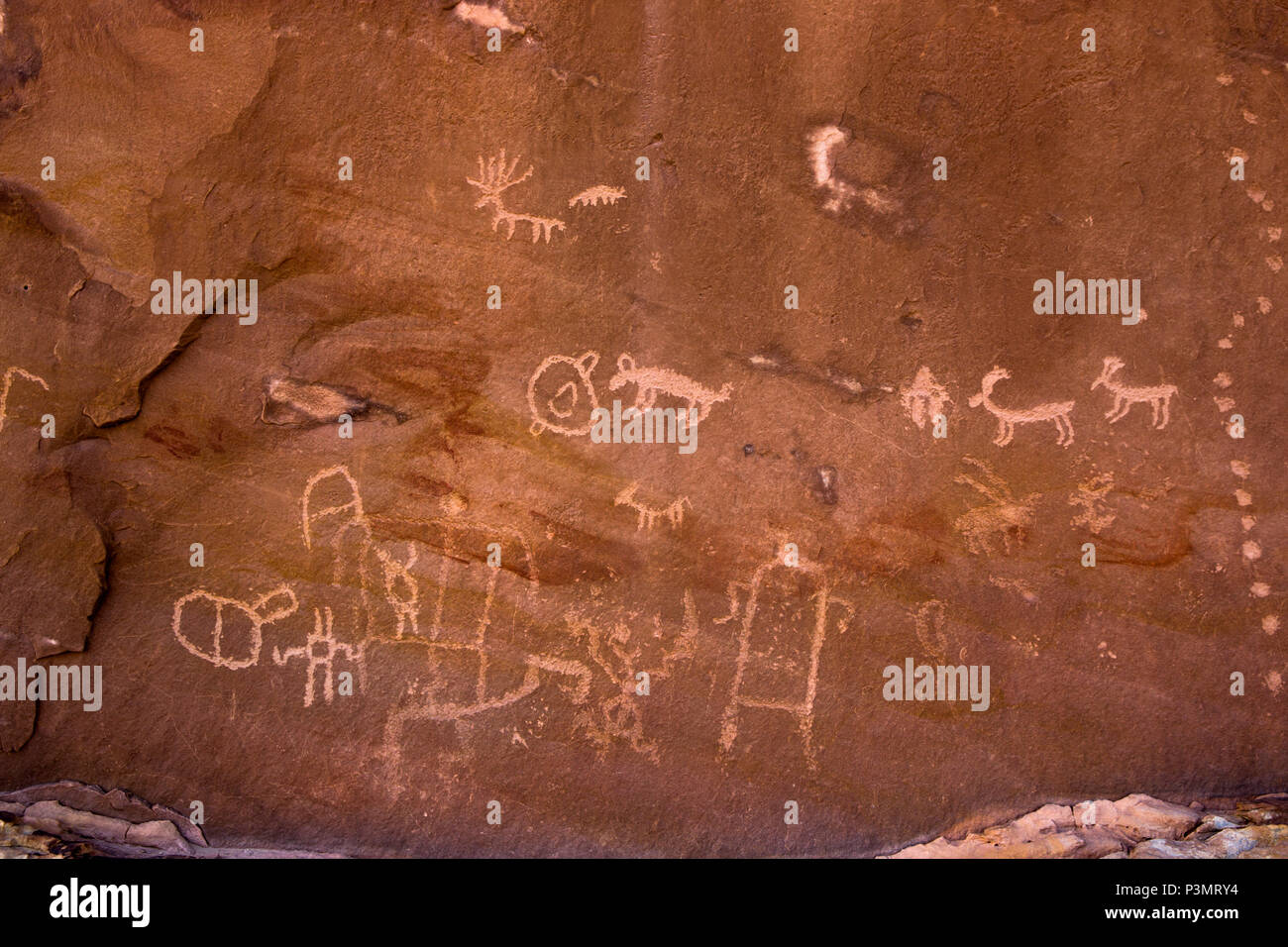 Preistorica dei Pueblo ancestrali incisioni rupestri in San Juan County nel sudest dell'Utah, Stati Uniti Foto Stock