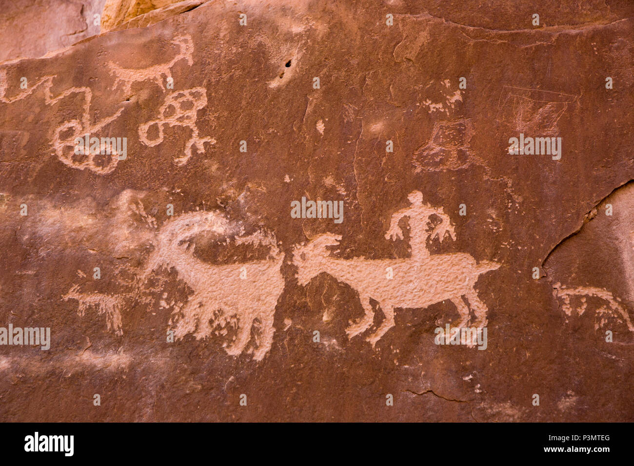 Indigeni popoli preistorici ancestrali petroglifici Puebloan nella contea di San Juan nel sud-est dello Utah, Stati Uniti Foto Stock