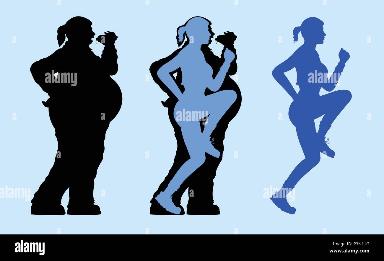 Fat e slim donna esercizio di silhouette. Tutti gli oggetti sono in diversi strati. Illustrazione Vettoriale