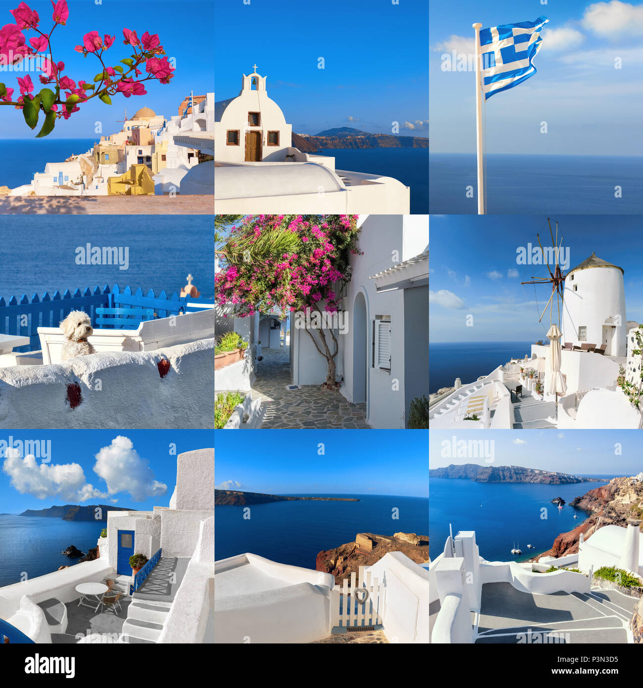 Bellissima isola di Santorini in Grecia. Set di nove immagini quadrate con punti di riferimento e viste del famoso villaggio di Oia e caldera vulcanica Foto Stock