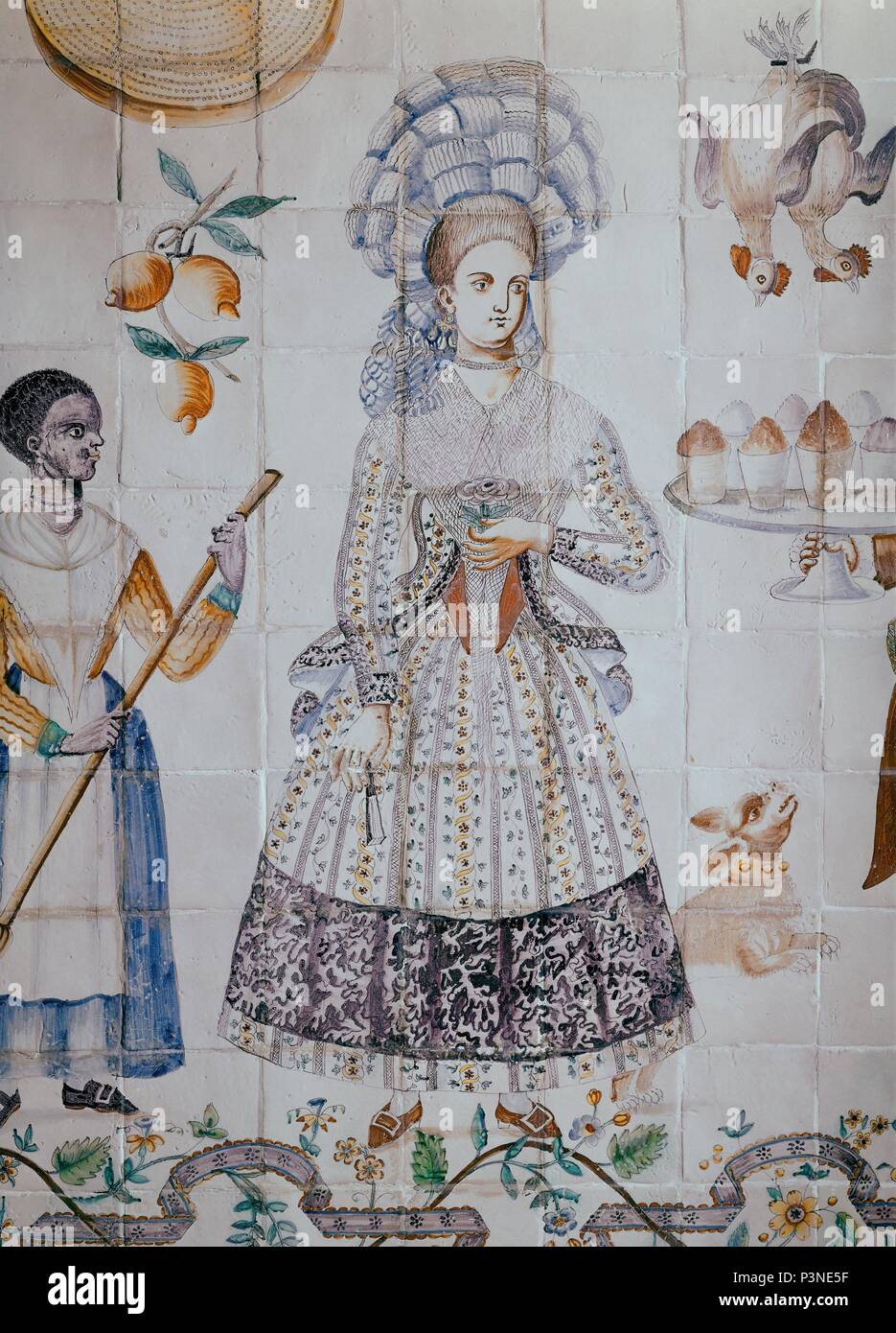 COCINA VALENCIANA CON AZULEJOS DE MANISES - SIGLO XVIII - ARTES APLICADAS - SEÑORA CON SU CRIADA. Posizione: MUSEE D'ARTS DECORATIFS, MADRID, Spagna. Foto Stock