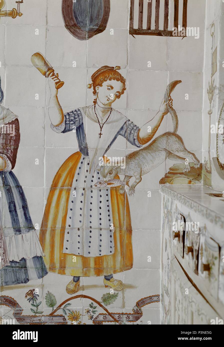 COCINA VALENCIANA CON AZULEJOS DE MANISES - SIGLO XVIII - ARTES APLICADAS - COCINERA ESPANTANDO AL GATO. Posizione: MUSEE D'ARTS DECORATIFS, MADRID, Spagna. Foto Stock