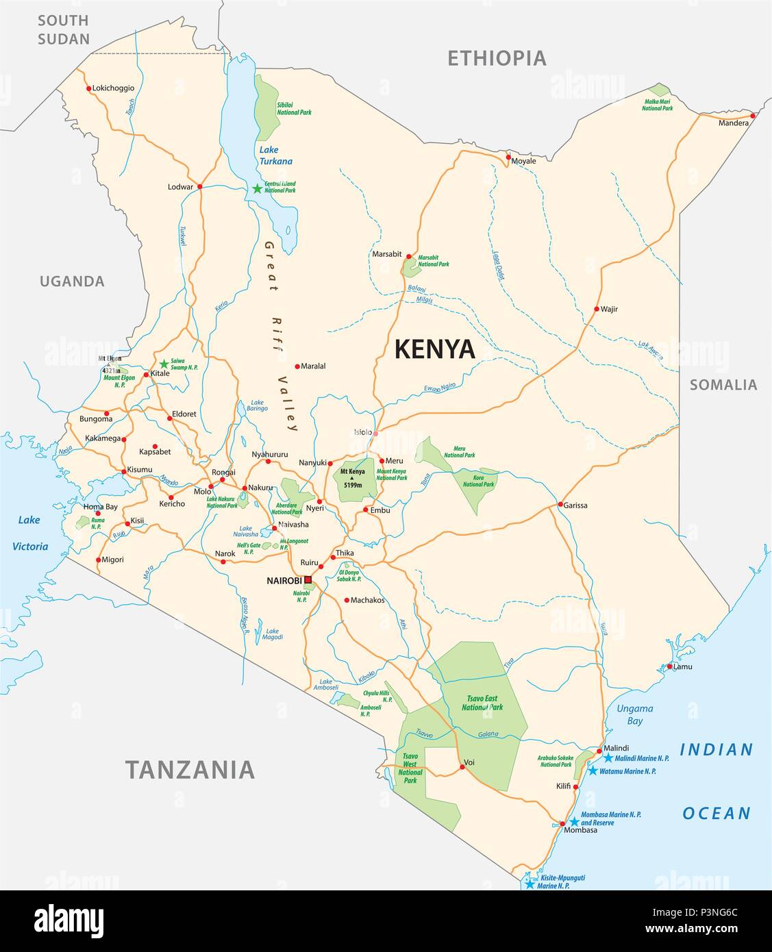 Kenya road e il parco nazionale di mappa vettoriale Illustrazione Vettoriale