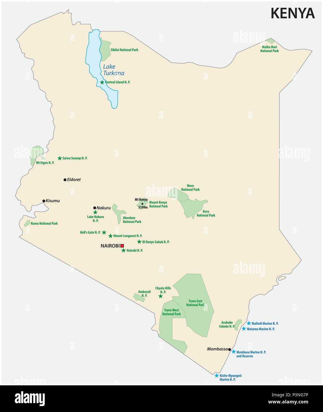Repubblica del Kenya national park mappa vettoriale Illustrazione Vettoriale
