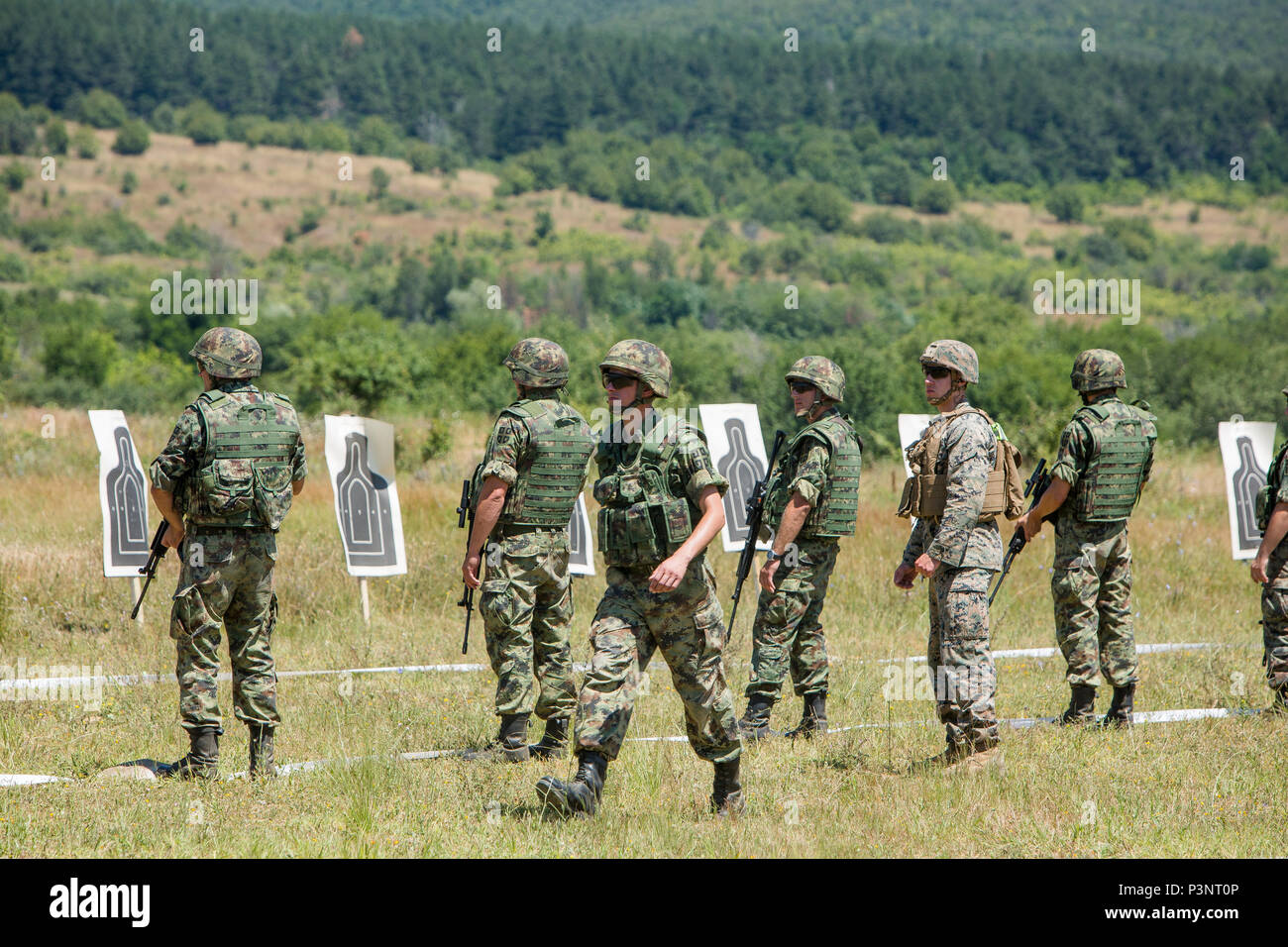 Unire gli sforzi, U.S. Marines con il Mar Nero forza rotazionale di partecipare a un Marine Corps combattere la precisione di tiro di formazione con sette alleati e partner della NATO durante l'esercizio Platinum Lion 16-4 a bordo di Novo Selo Area Formazione, Bulgaria, 13 luglio 2016. Questo multi-nazionale esercizio riunisce otto la NATO e i paesi partner per un live-fire esercizio finalizzato a rafforzare la difesa regionale in Europa Orientale. (U.S. Marine Corps foto di Cpl. Kelly L. Street, 2D MARDIV COMCAM/rilasciato) Foto Stock