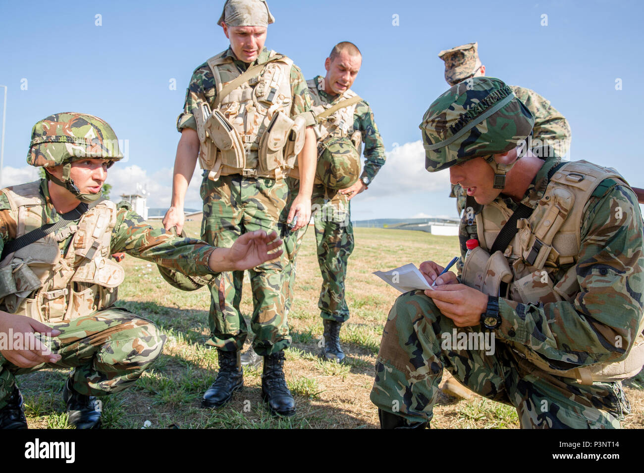 Gli alleati della NATO e partner di partecipare in un'U.S. Marine Corps caso costituito da un ampia varietà di team-building ostacoli e sfide durante l'esercizio Platinum Lion 16-4 a bordo di Novo Selo Area Formazione, Bulgaria, 13 luglio 2016. Questo multi-nazionale esercizio riunisce otto la NATO e i paesi partner per un'esercitazione a fuoco e squad concorsi volti a rafforzare la difesa regionale in Europa Orientale. (U.S. Marine Corps foto di Cpl. Kelly L. Street, 2D MARDIV COMCAM/rilasciato) Foto Stock