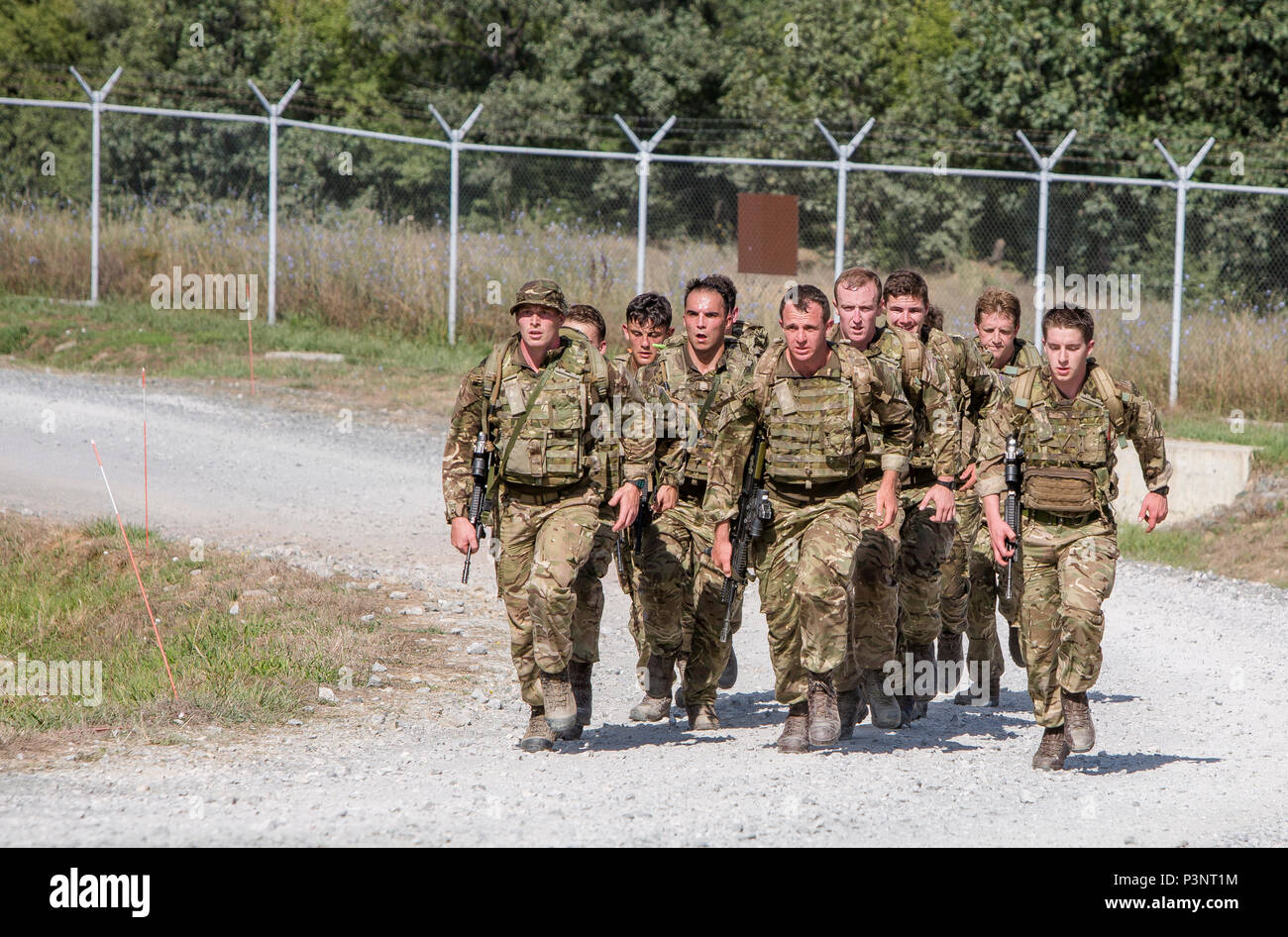 U.K. Royal Marine Commando finire una tre-mile endurance corso costituito da ostacoli durante l'esercizio Platinum Lion 16-4 a bordo di Novo Selo Area Formazione, Bulgaria, 13 luglio 2016. Questo multi-nazionale esercizio riunisce otto la NATO e i paesi partner per un'esercitazione a fuoco e squad concorsi volti a rafforzare la difesa regionale in Europa Orientale. (U.S. Marine Corps foto di Cpl. Kelly L. Street, 2D MARDIV COMCAM/rilasciato) Foto Stock
