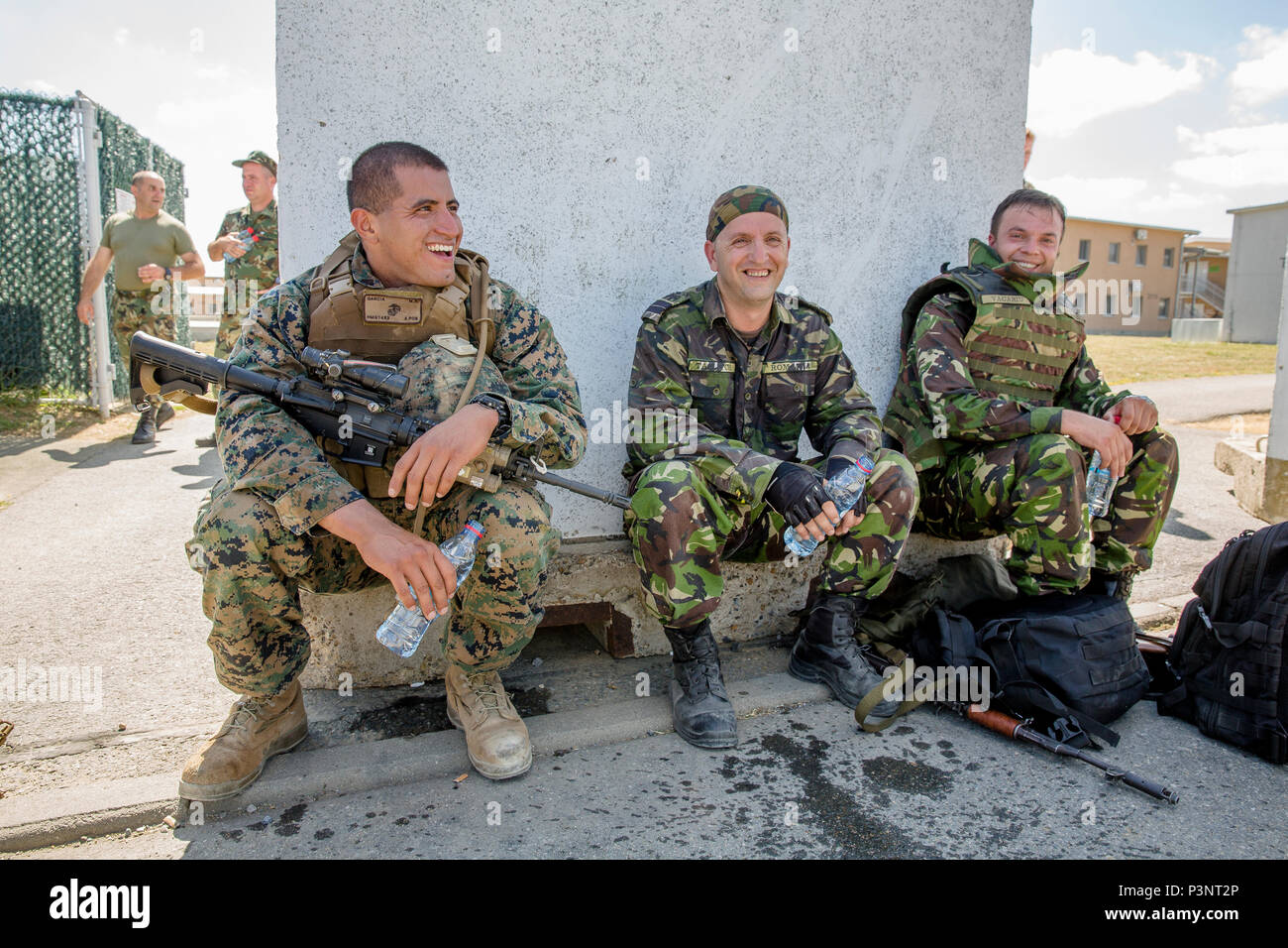 Gli alleati della NATO e i paesi partner lavorano insieme in una competizione amichevole di ostacoli e sfide durante l'esercizio Platinum Lion 16-4 a bordo di Novo Selo Area Formazione, Bulgaria, 13 luglio 2016. Questo multi-nazionale esercizio riunisce otto la NATO e i paesi partner per un'esercitazione a fuoco e squad concorsi volti a rafforzare la difesa regionale in Europa Orientale. (U.S. Marine Corps foto di Cpl. Kelly L. Street, 2D MARDIV COMCAM/rilasciato) Foto Stock