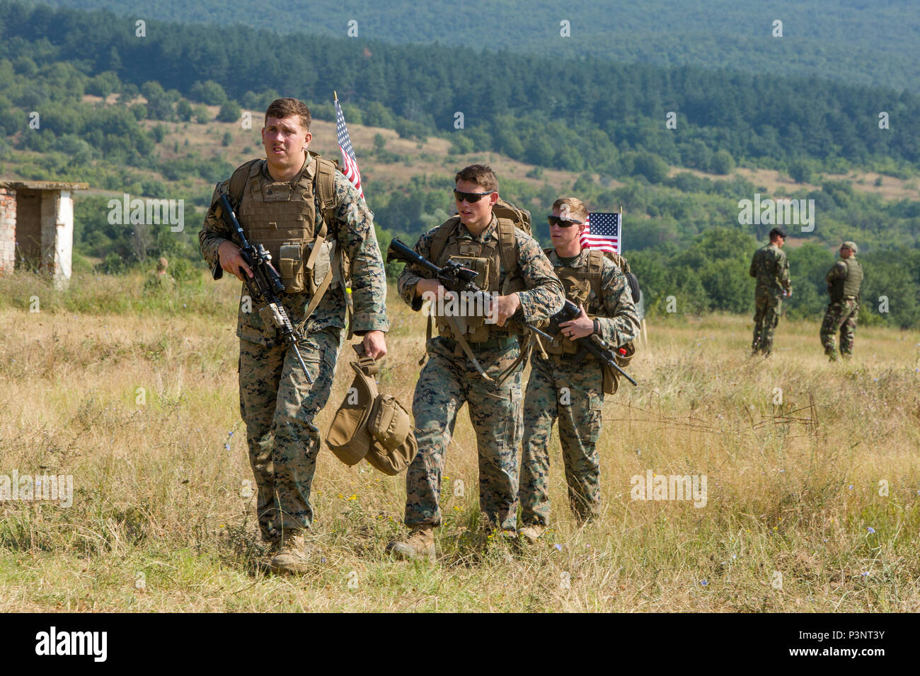 Stati Uniti Marines con il Mar Nero forza rotazionale di camminare a testa alta come si preparano per un corso di endurance durante l'esercizio Platinum Lion 16-4 a bordo di Novo Selo Area Formazione, Bulgaria, 15 luglio, 2016. Questo multi-nazionale esercizio riunisce otto la NATO e i paesi partner per un live-fire esercizio finalizzato a rafforzare la difesa regionale in Europa Orientale. (U.S. Marine Corps foto di Cpl. Kelly L. Street, 2D MARDIV COMCAM/rilasciato) Foto Stock