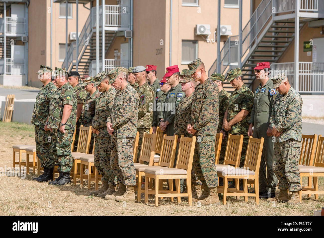 Alleati e partner della NATO bow le loro teste in un momento di silenzio per le vittime dell'attacco terroristico a Nizza, in Francia durante la cerimonia di chiusura dell esercizio Platinum Lion 16-4 a bordo di Novo Selo Area Formazione, Bulgaria, 16 luglio 2016. Questo multi-nazionale esercizio riunisce otto la NATO e i paesi partner per un live-fire esercizio finalizzato a rafforzare la difesa regionale in Europa Orientale. (U.S. Marine Corps foto di Cpl. Kelly L. Street, 2D MARDIV COMCAM/rilasciato) Foto Stock