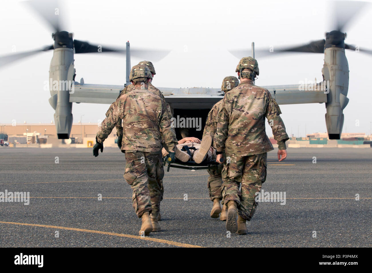 Stati Uniti Army combat medics, con la 86Supporto di combattimento ospedale, spostare una simulazione di incidente su una MV-22 Osprey, durante una formazione congiunta di esercitare con Marines dal mezzo marino Tiltrotor squadrone - 364 (VMM-364), a Camp Arifjan, Kuwait, 8 maggio 2017. Foto Stock