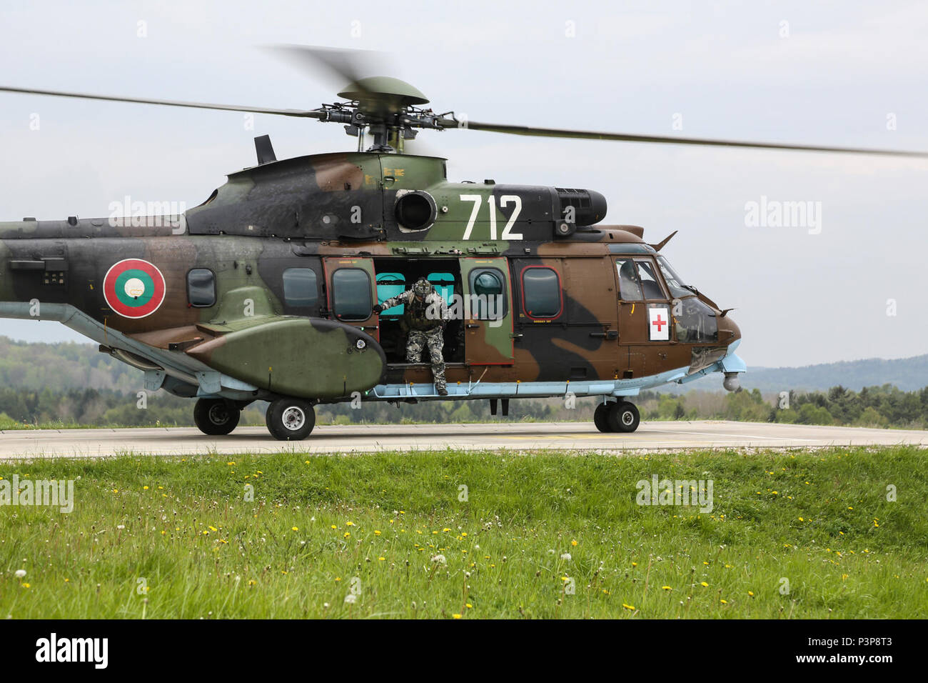 Un Eurocopter bulgara come 532 AL Cougar dell'esercito bulgaro terre su di un aerodromo mentre si conduce una simulazione di evacuazione medica durante la sciabola di giunzione 17 al Hohenfels Area Formazione, Germania, 8 maggio 2017. Saber 17 di giunzione è la U.S. Esercito dell'Europa 2d di cavalleria del reggimento Combat training center esercizio di certificazione, che si svolge presso la multinazionale comune disponibilità centro in Hohenfels, Germania, 25 aprile-maggio 19, 2017. Questo esercizio è progettato per valutare la predisposizione del reggimento di condurre unified operazioni terrestri, con un particolare accento sulla ripassando la transizione dalla guarnigione a c Foto Stock