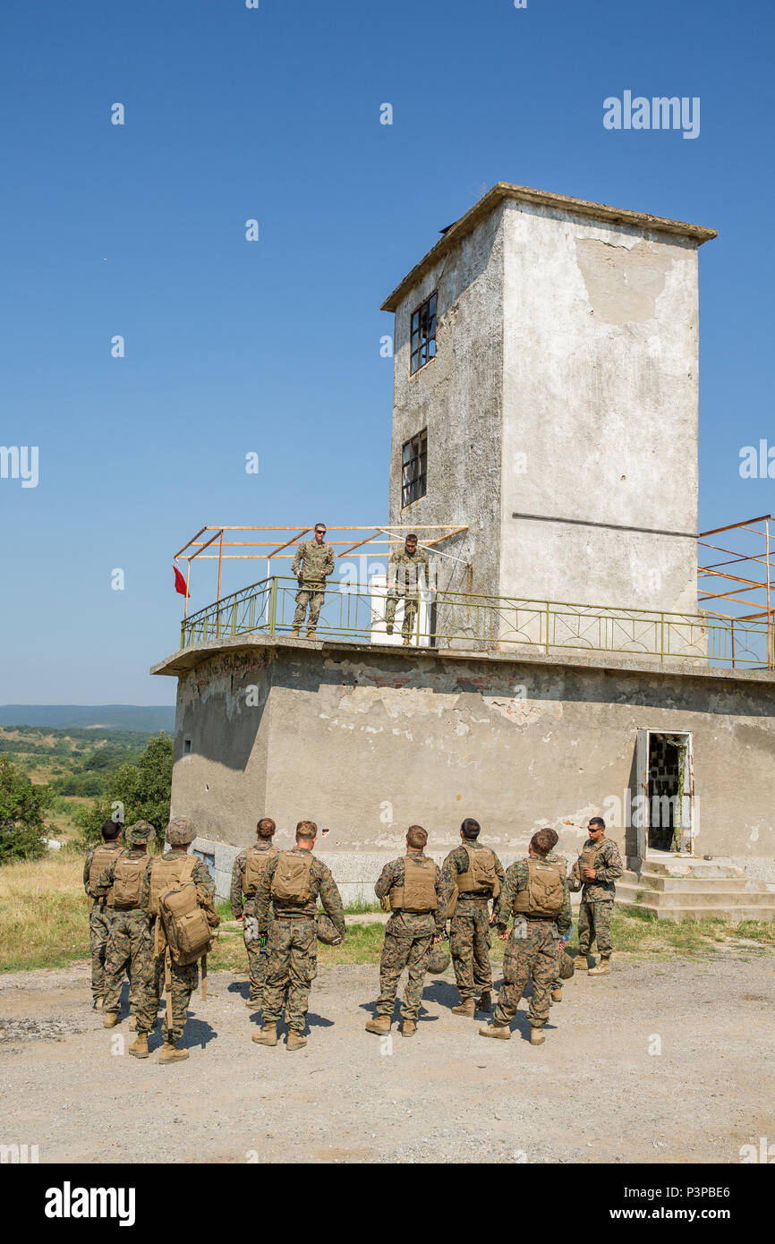Stati Uniti Marines con il Mar Nero forza rotazionale di ricevere una breve prima di condurre un live-fire manovra utilizzando le corsie prefissato durante l'esercizio Platinum Lion 16-4 a bordo di Novo Selo Area Formazione, Bulgaria, 15 luglio, 2016. Questo multi-nazionale esercizio riunisce otto la NATO e i paesi partner per un live-fire esercizio finalizzato a rafforzare la difesa regionale in Europa Orientale. (U.S. Marine Corps foto di Cpl. Kelly L. Street, 2D MARDIV COMCAM/rilasciato) Foto Stock
